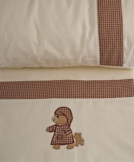 Baby Crib Duvet Cover & Sheet Set Beige Bear Embroidery 70cm Crib